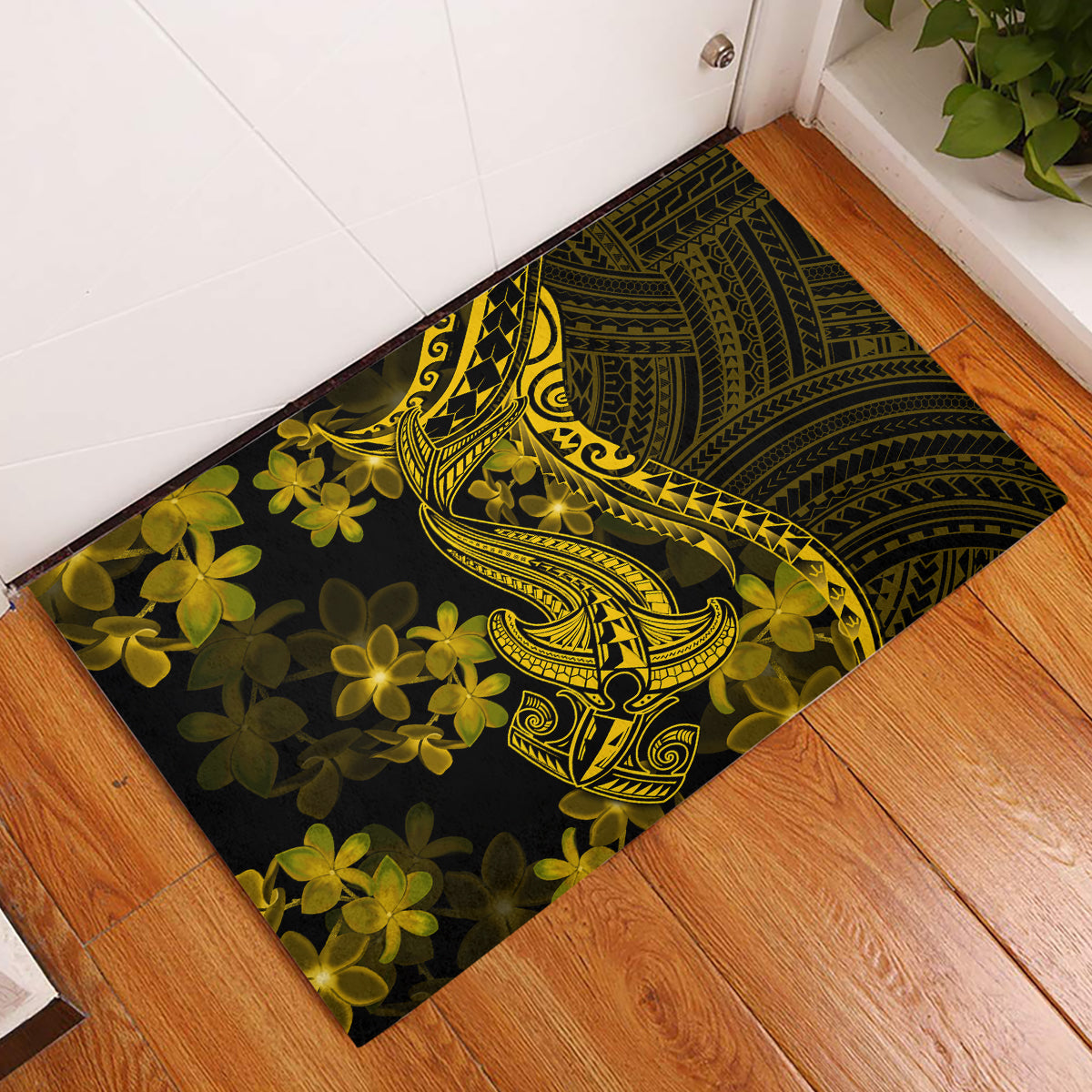 Gold Polynesia Shark Tattoo Rubber Doormat With Polynesian Plumeria LT14 Gold - Polynesian Pride