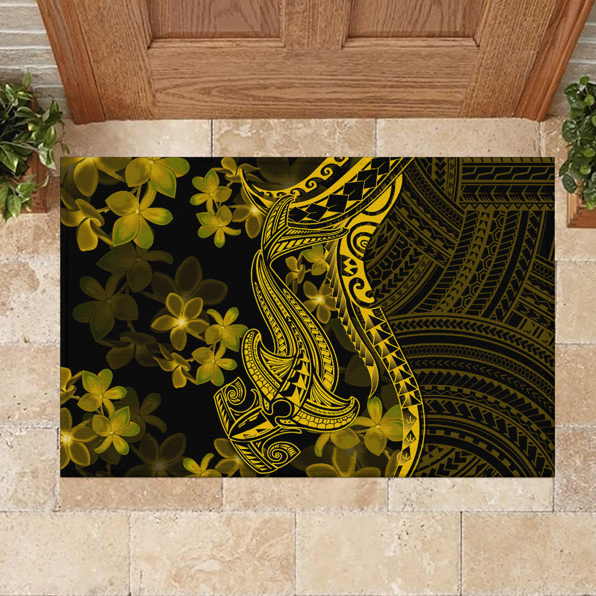 Gold Polynesia Shark Tattoo Rubber Doormat With Polynesian Plumeria LT14 - Polynesian Pride