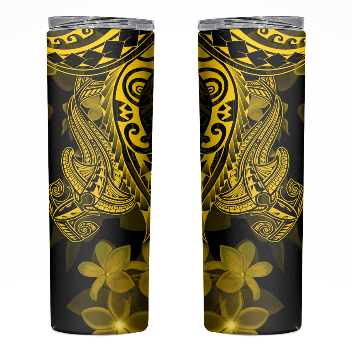 Gold Polynesia Shark Tattoo Skinny Tumbler With Polynesian Plumeria