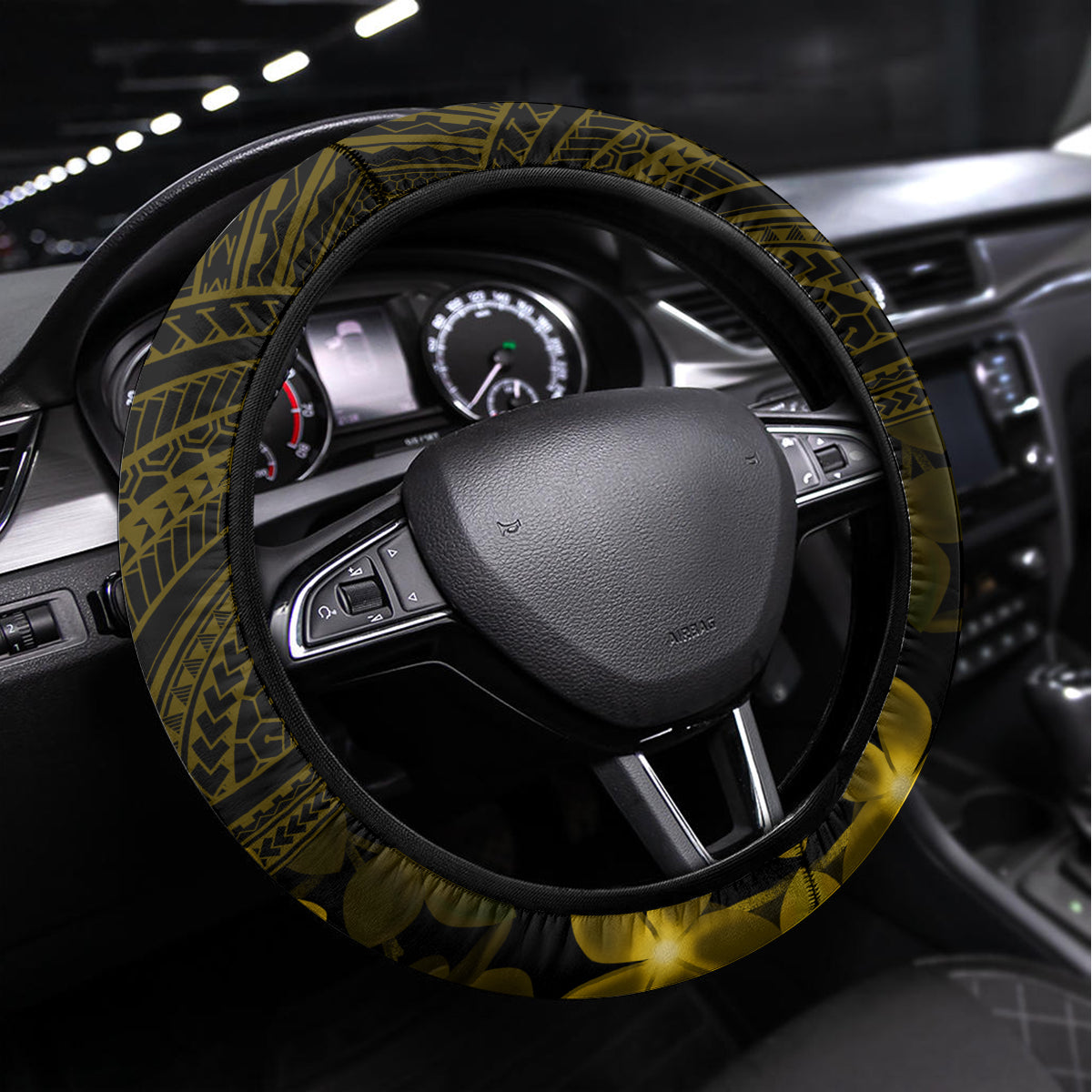 Gold Polynesia Shark Tattoo Steering Wheel Cover With Polynesian Plumeria