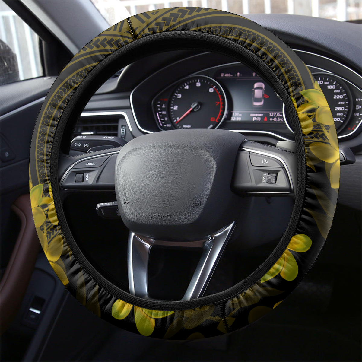 Gold Polynesia Shark Tattoo Steering Wheel Cover With Polynesian Plumeria LT14 - Polynesian Pride