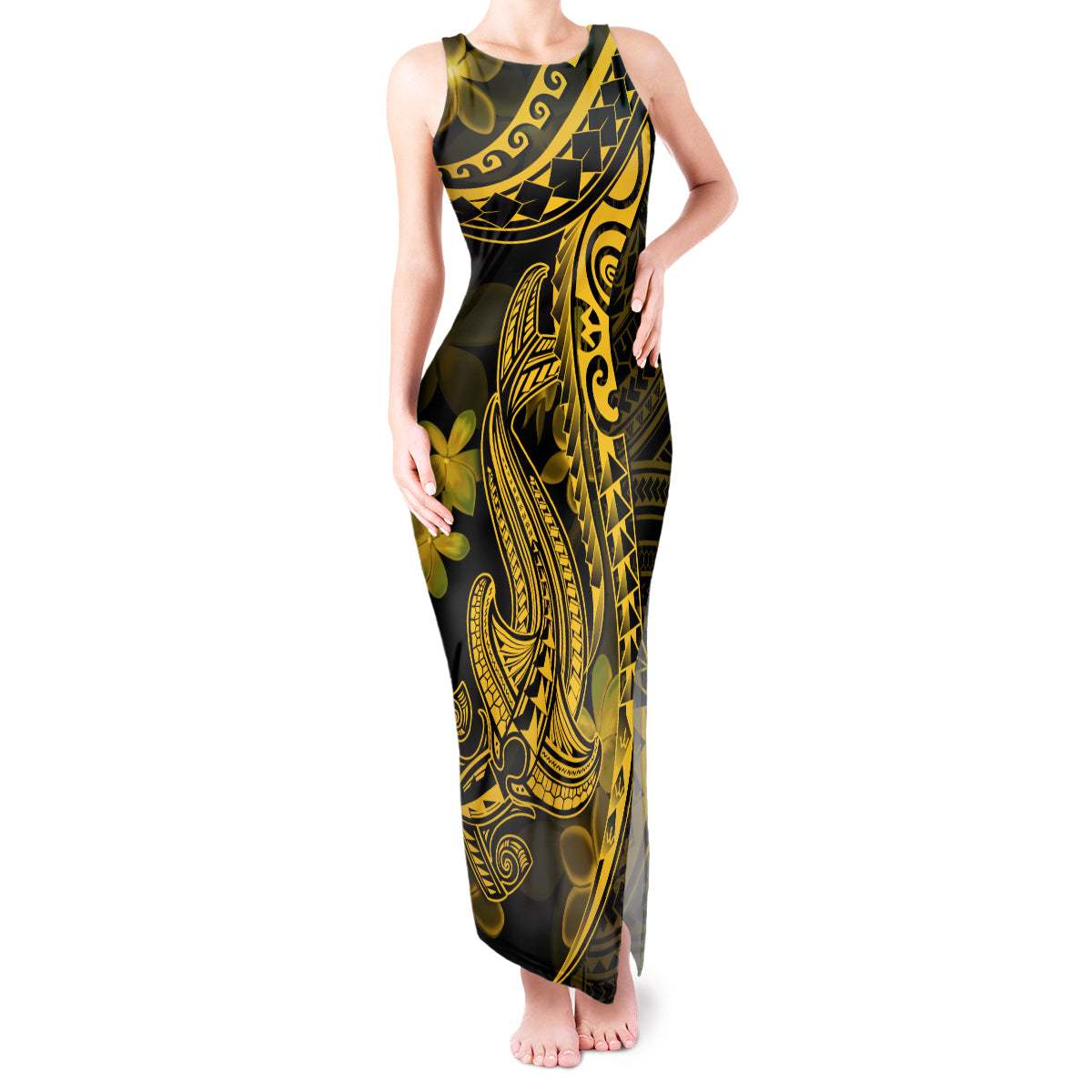 Gold Polynesia Shark Tattoo Tank Maxi Dress With Polynesian Plumeria LT14 Women Gold - Polynesian Pride