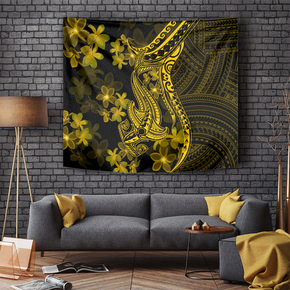 Gold Polynesia Shark Tattoo Tapestry With Polynesian Plumeria LT14 Gold - Polynesian Pride