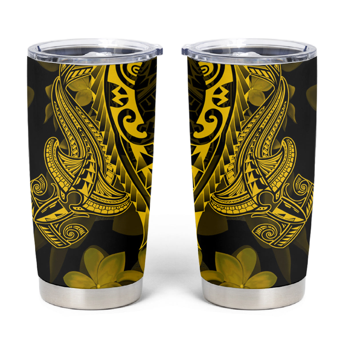 Gold Polynesia Shark Tattoo Tumbler Cup With Polynesian Plumeria