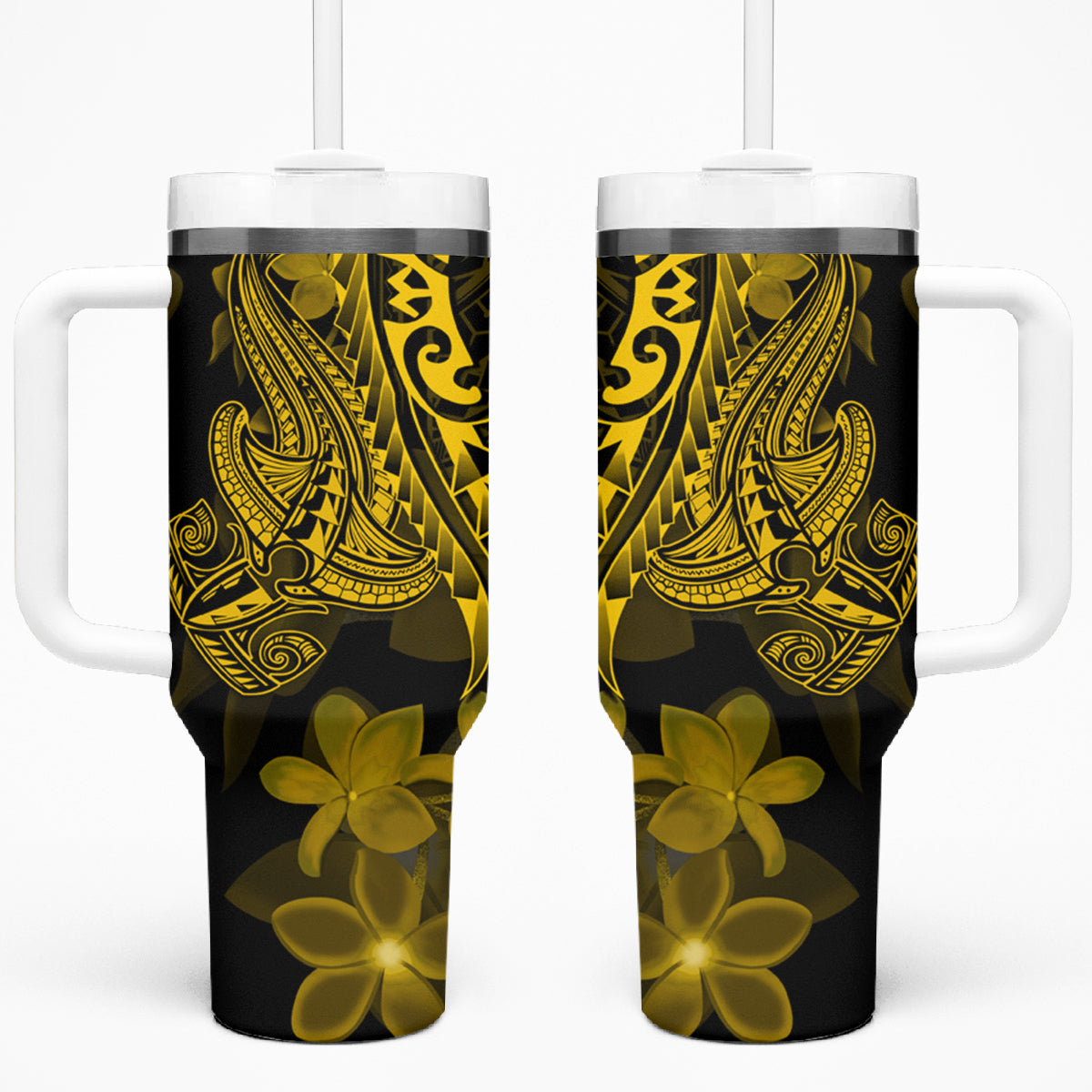 Gold Polynesia Shark Tattoo Tumbler With Handle With Polynesian Plumeria