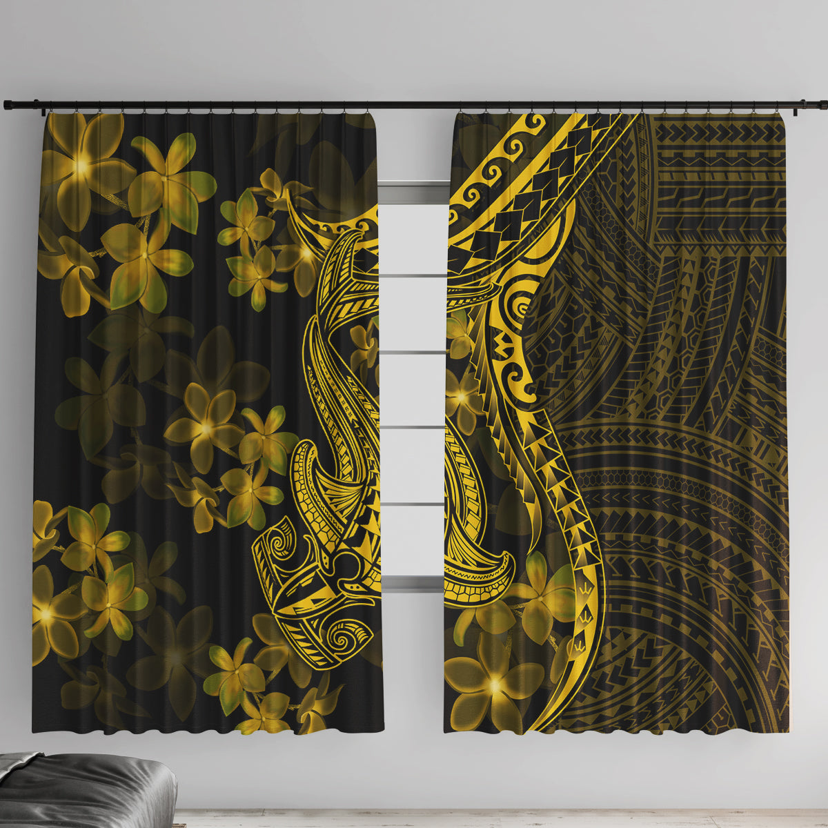 Gold Polynesia Shark Tattoo Window Curtain With Polynesian Plumeria LT14 With Hooks Gold - Polynesian Pride