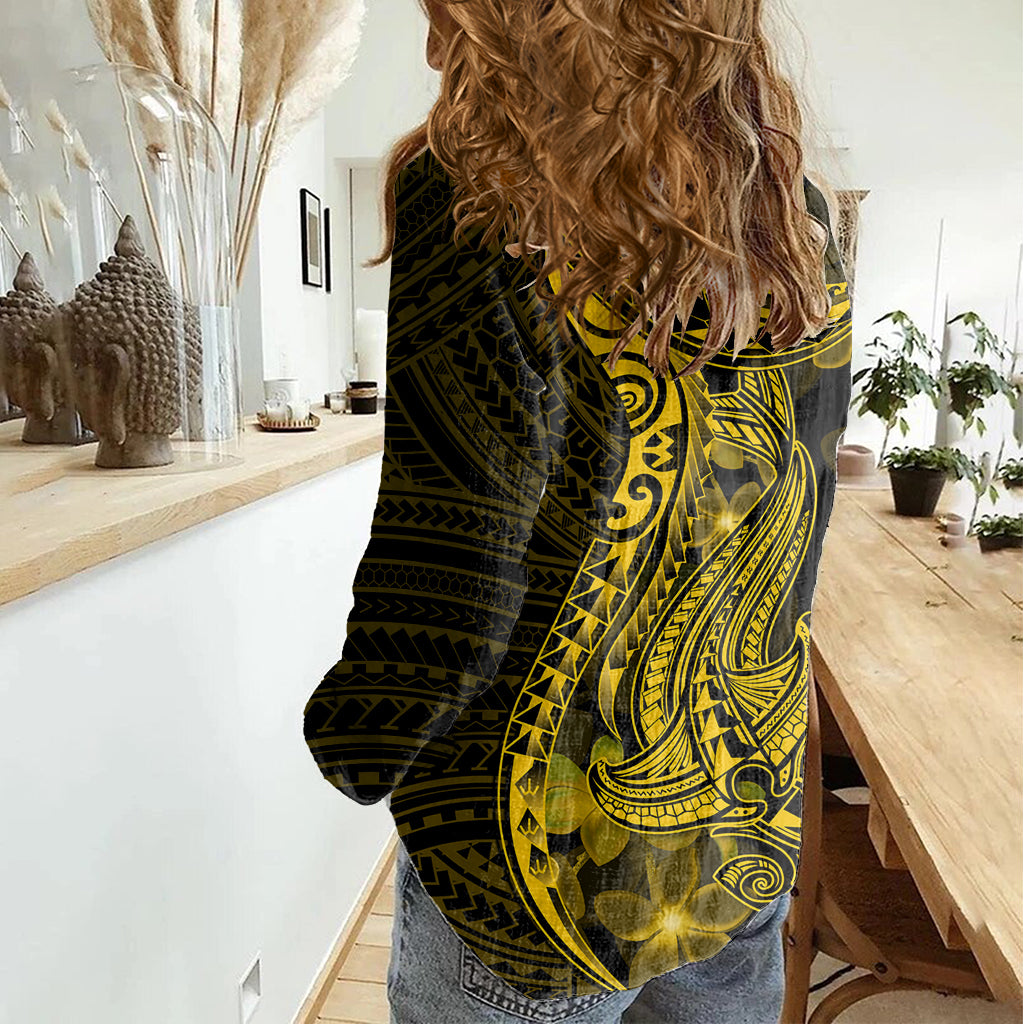 Gold Polynesia Shark Tattoo Women Casual Shirt With Polynesian Plumeria LT14 - Polynesian Pride