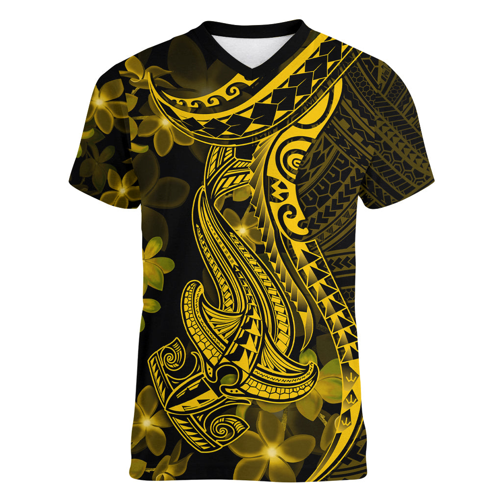 Gold Polynesia Shark Tattoo Women V Neck T Shirt With Polynesian Plumeria LT14 Female Gold - Polynesian Pride