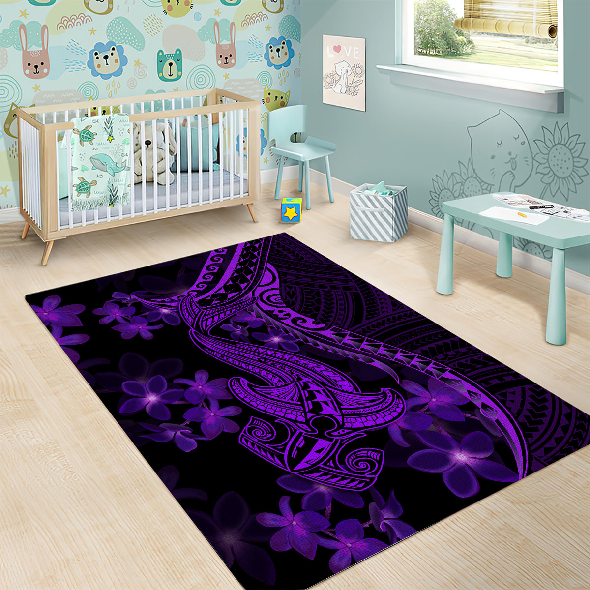 Purple Polynesia Shark Tattoo Area Rug With Polynesian Plumeria LT14 - Polynesian Pride