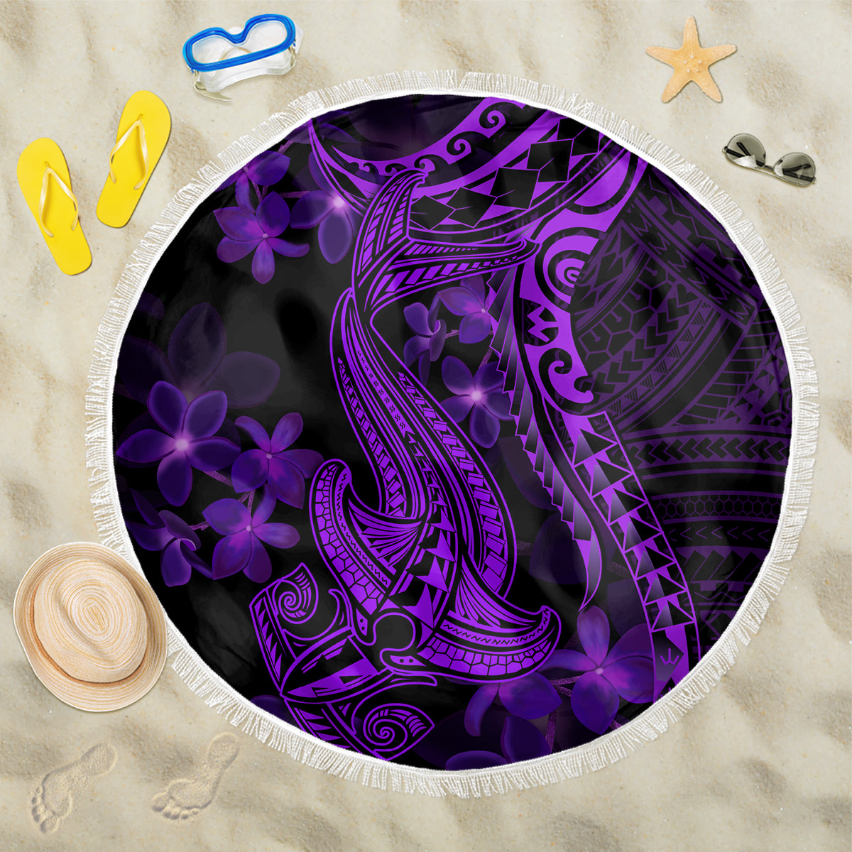 Purple Polynesia Shark Tattoo Beach Blanket With Polynesian Plumeria LT14 One Size 150cm Purple - Polynesian Pride