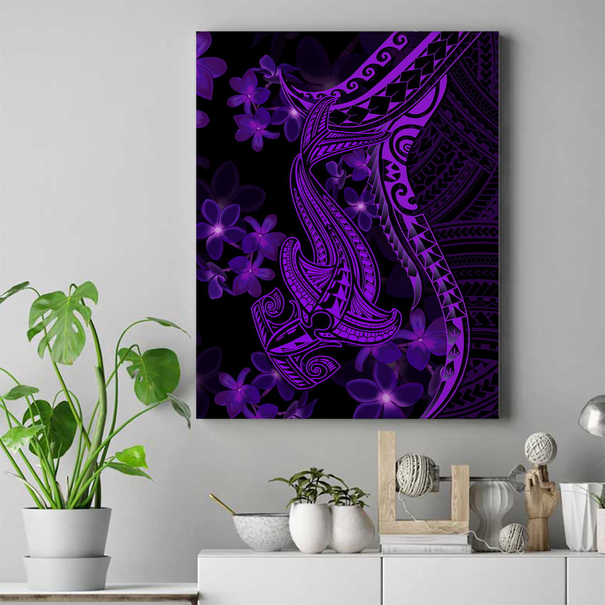 Purple Polynesia Shark Tattoo Canvas Wall Art With Polynesian Plumeria LT14 Purple - Polynesian Pride