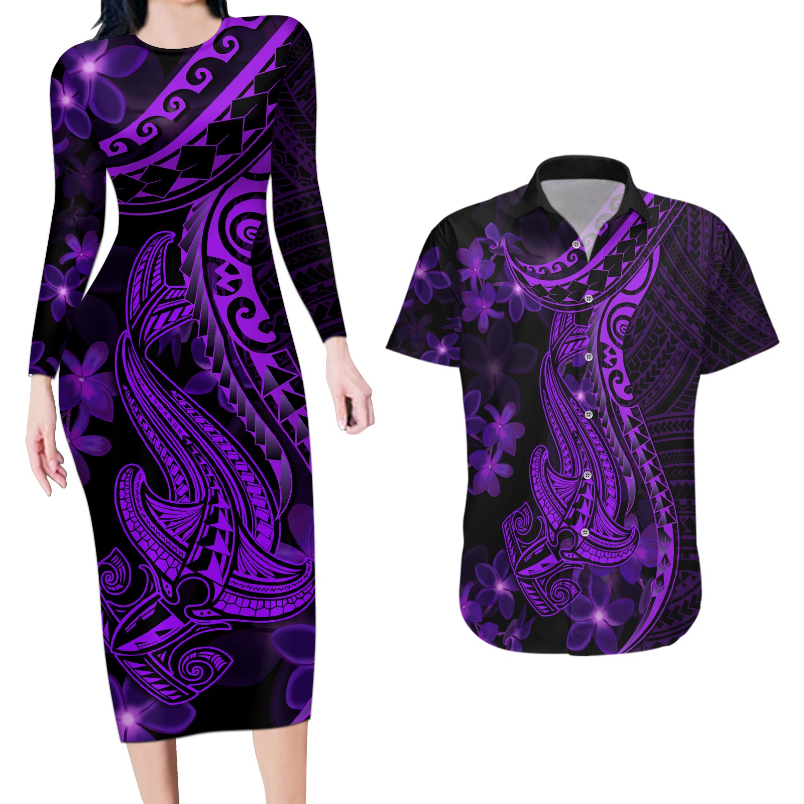 Purple Polynesia Shark Tattoo Couples Matching Long Sleeve Bodycon Dress and Hawaiian Shirt With Polynesian Plumeria LT14 Purple - Polynesian Pride