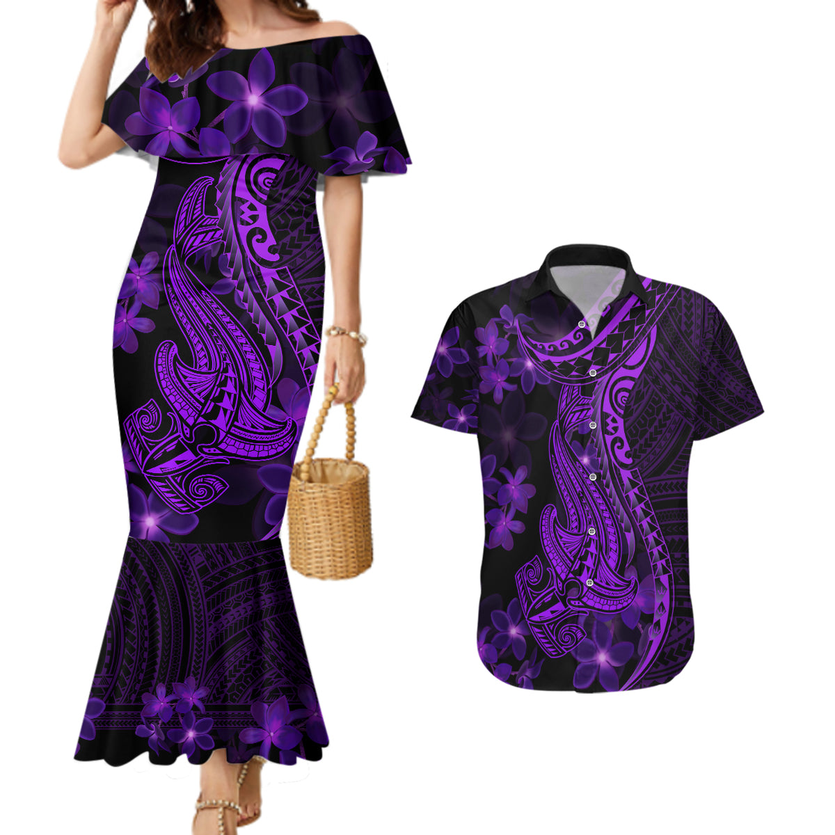 Purple Polynesia Shark Tattoo Couples Matching Mermaid Dress and Hawaiian Shirt With Polynesian Plumeria LT14 Purple - Polynesian Pride