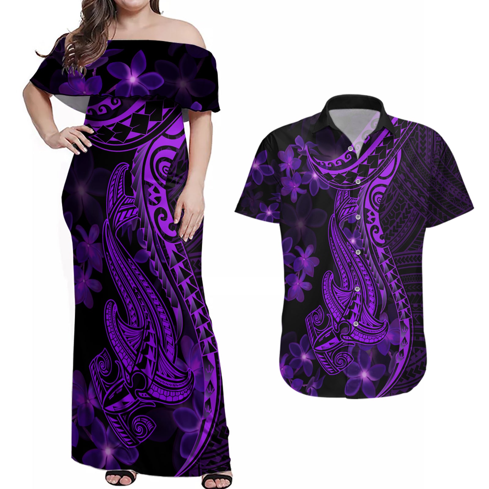 Purple Polynesia Shark Tattoo Couples Matching Off Shoulder Maxi Dress and Hawaiian Shirt With Polynesian Plumeria LT14 Purple - Polynesian Pride