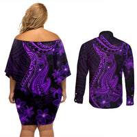 Purple Polynesia Shark Tattoo Couples Matching Off Shoulder Short Dress and Long Sleeve Button Shirt With Polynesian Plumeria LT14 - Polynesian Pride