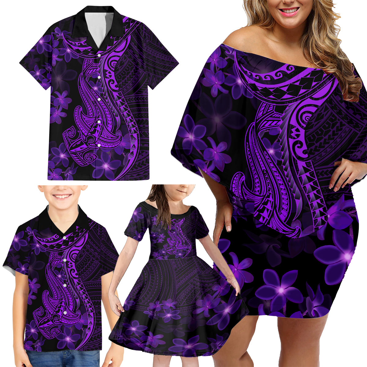 Purple Polynesia Shark Tattoo Family Matching Off Shoulder Short Dress and Hawaiian Shirt With Polynesian Plumeria LT14 - Polynesian Pride