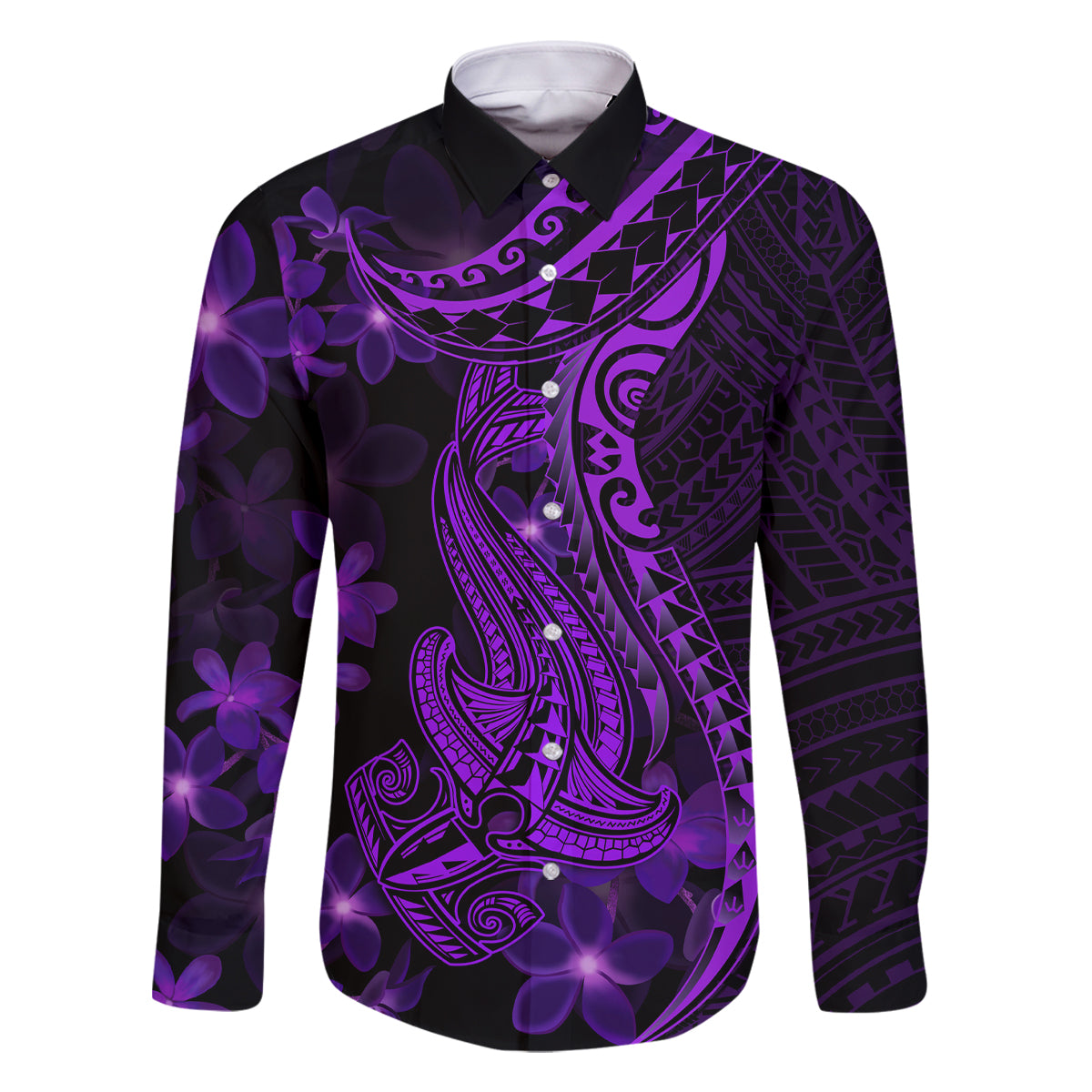 Purple Polynesia Shark Tattoo Family Matching Off Shoulder Short Dress and Hawaiian Shirt With Polynesian Plumeria LT14 Dad's Shirt - Long Sleeve Purple - Polynesian Pride