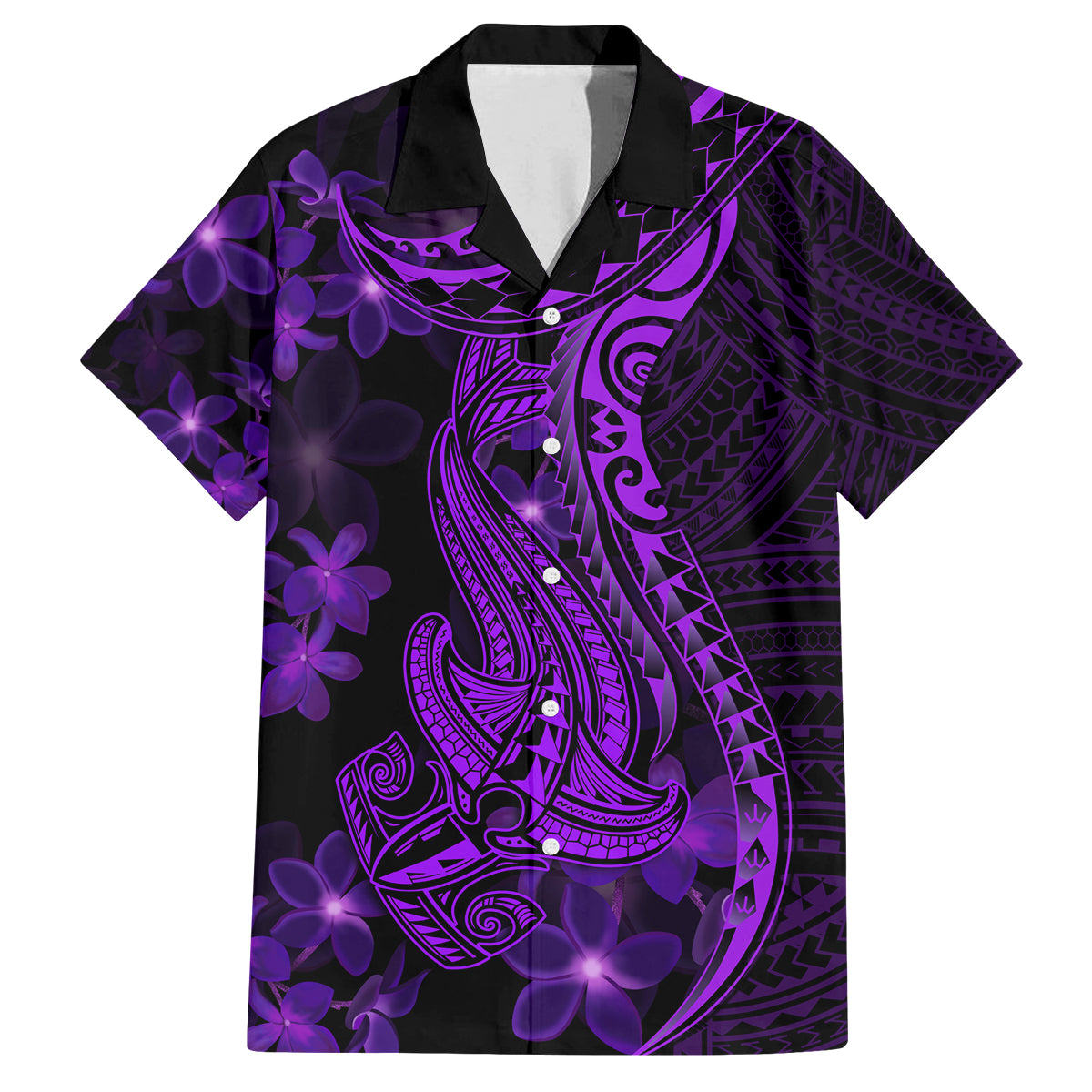 Purple Polynesia Shark Tattoo Family Matching Puletasi Dress and Hawaiian Shirt With Polynesian Plumeria LT14 Dad's Shirt - Short Sleeve Purple - Polynesian Pride