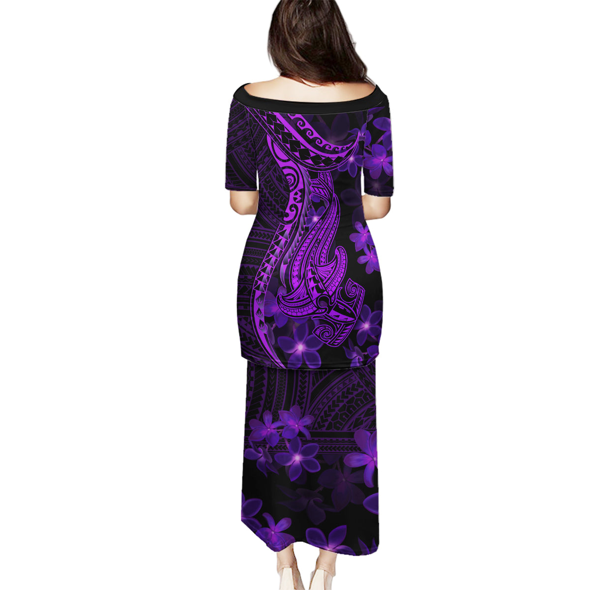 Purple Polynesia Shark Tattoo Family Matching Puletasi Dress and Hawaiian Shirt With Polynesian Plumeria LT14 - Polynesian Pride
