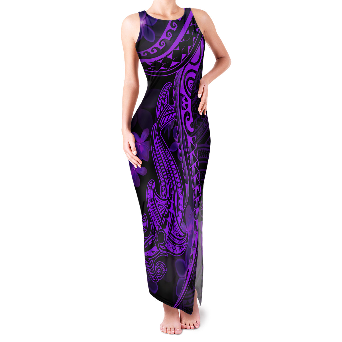Purple Polynesia Shark Tattoo Family Matching Tank Maxi Dress and Hawaiian Shirt With Polynesian Plumeria LT14 Mom's Dress Purple - Polynesian Pride