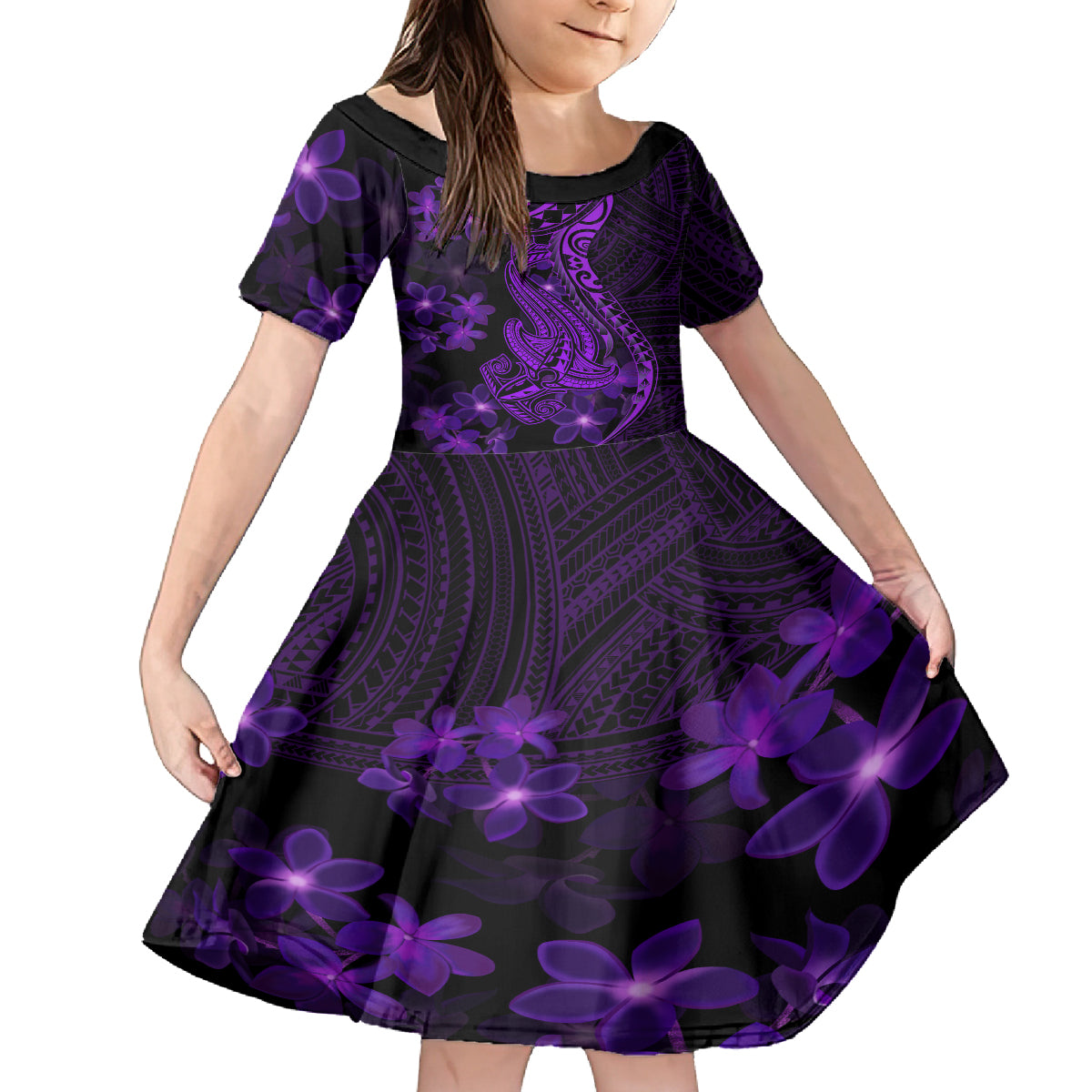Purple Polynesia Shark Tattoo Kid Short Sleeve Dress With Polynesian Plumeria LT14 KID Purple - Polynesian Pride