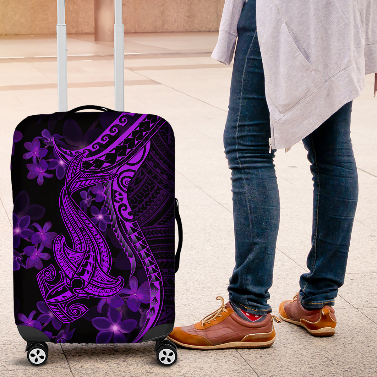 Purple Polynesia Shark Tattoo Luggage Cover With Polynesian Plumeria LT14 Purple - Polynesian Pride