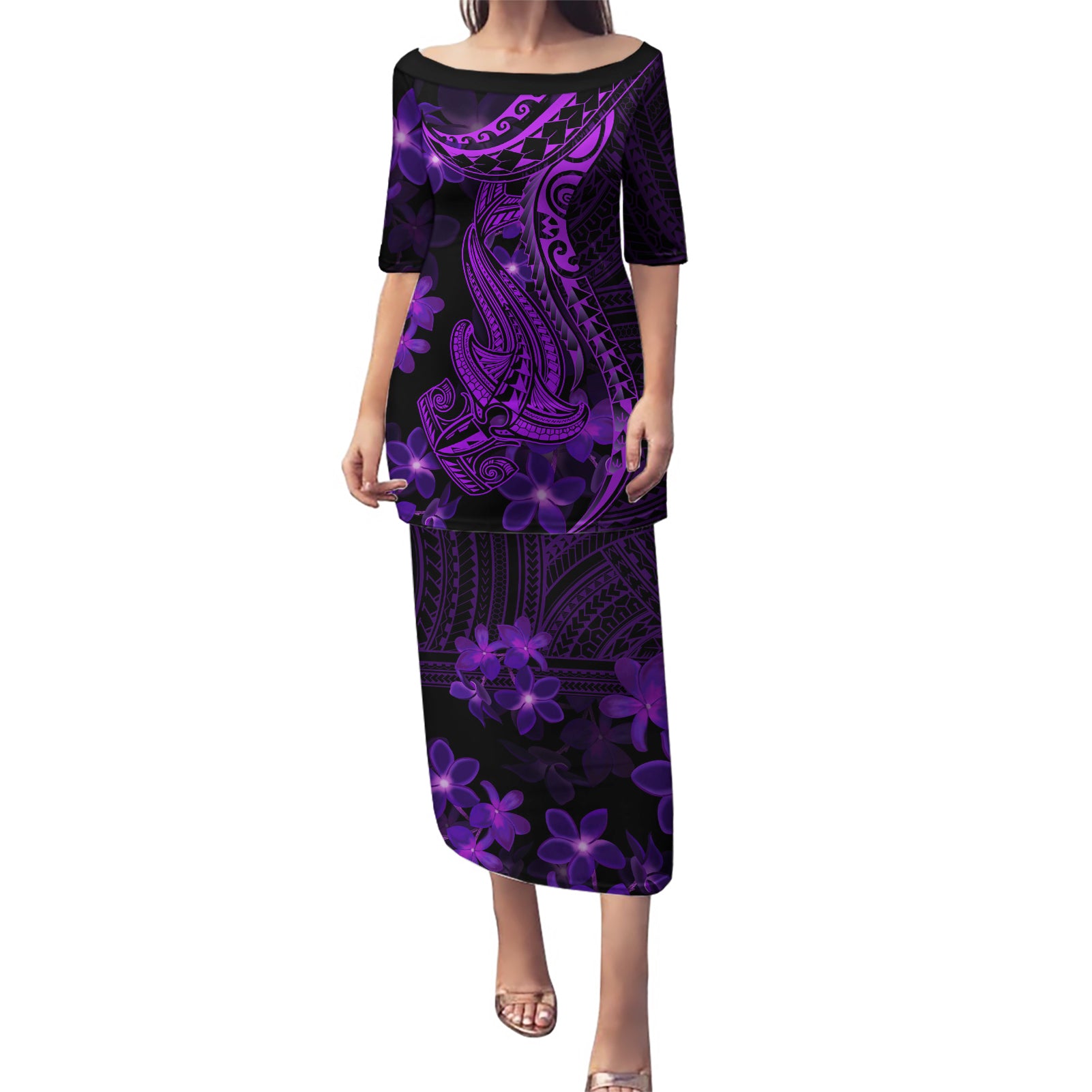 Purple Polynesia Shark Tattoo Puletasi With Polynesian Plumeria LT14 Long Dress Purple - Polynesian Pride