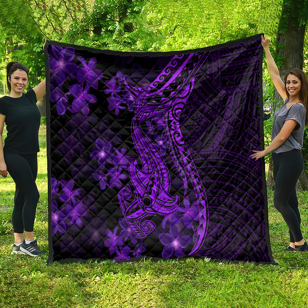 Purple Polynesia Shark Tattoo Quilt With Polynesian Plumeria LT14 - Polynesian Pride