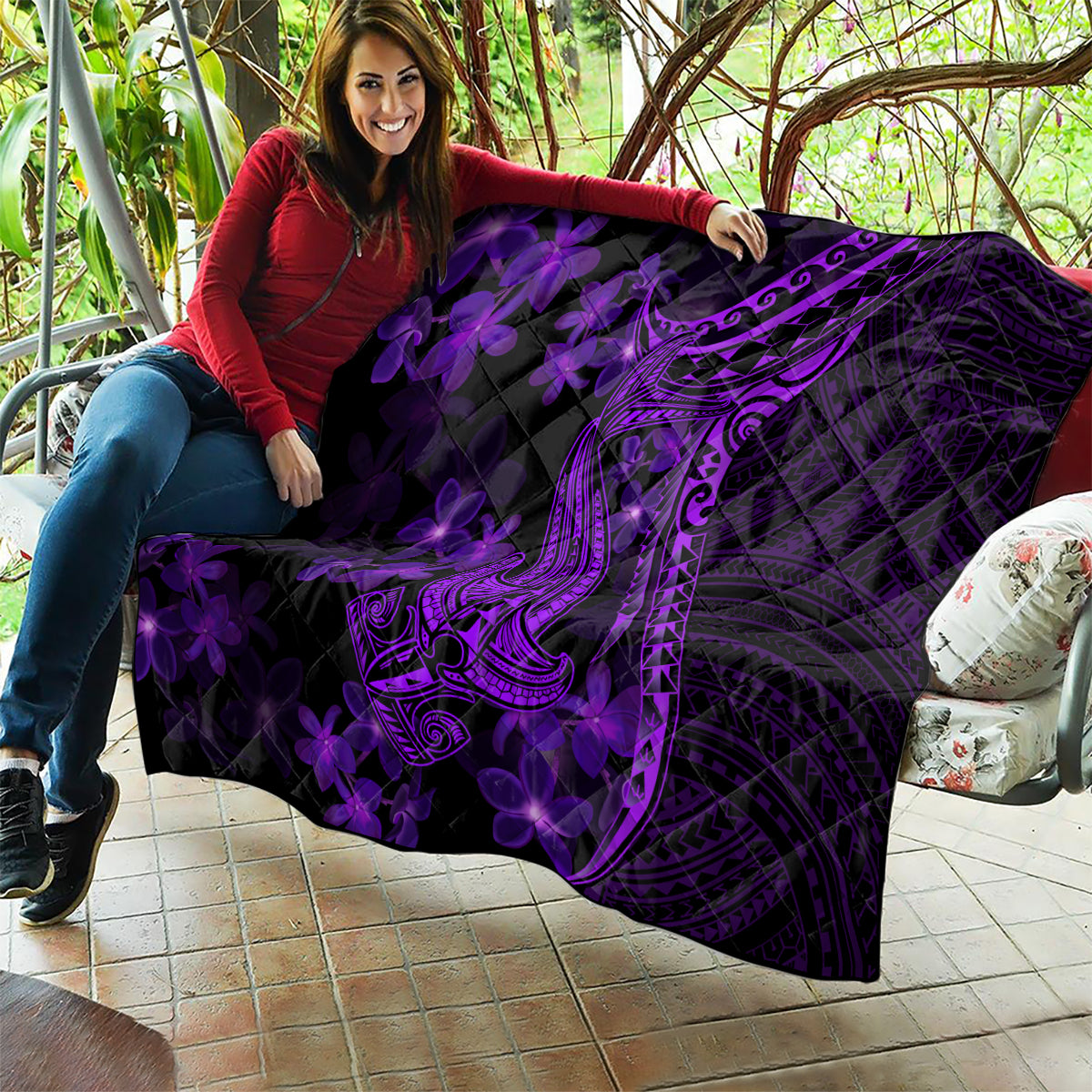 Purple Polynesia Shark Tattoo Quilt With Polynesian Plumeria LT14 - Polynesian Pride