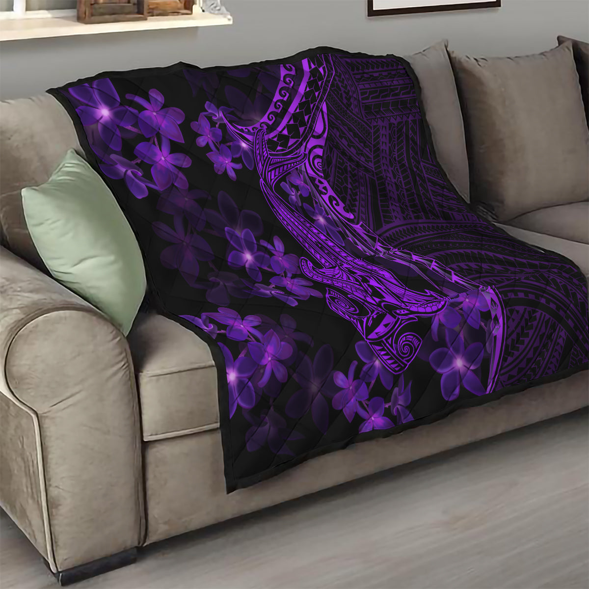 Purple Polynesia Shark Tattoo Quilt With Polynesian Plumeria LT14 - Polynesian Pride