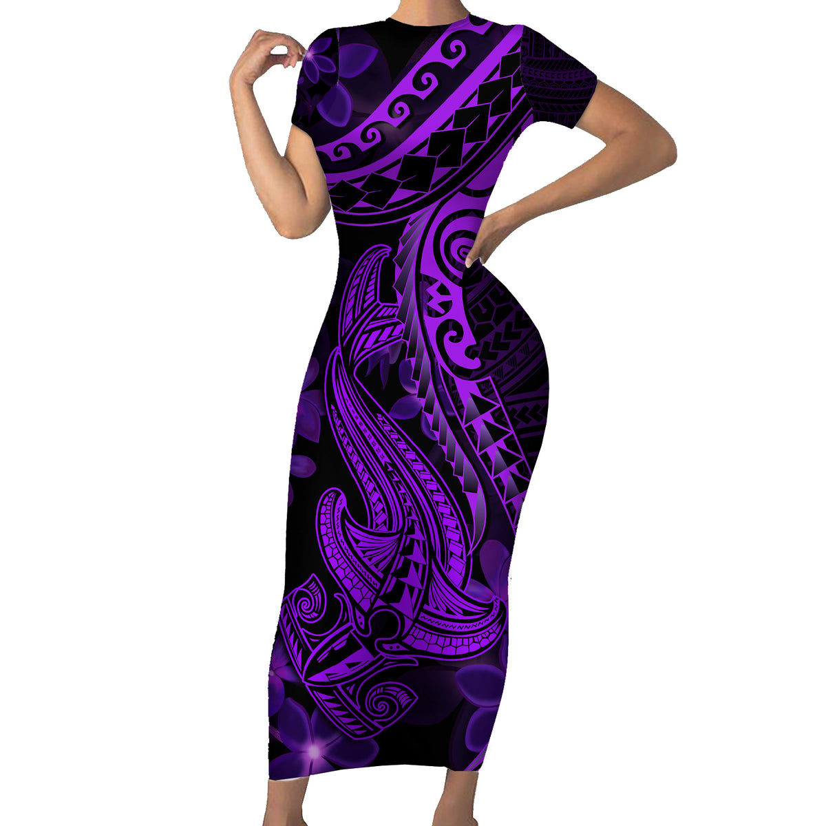 Purple Polynesia Shark Tattoo Short Sleeve Bodycon Dress With Polynesian Plumeria LT14 Long Dress Purple - Polynesian Pride