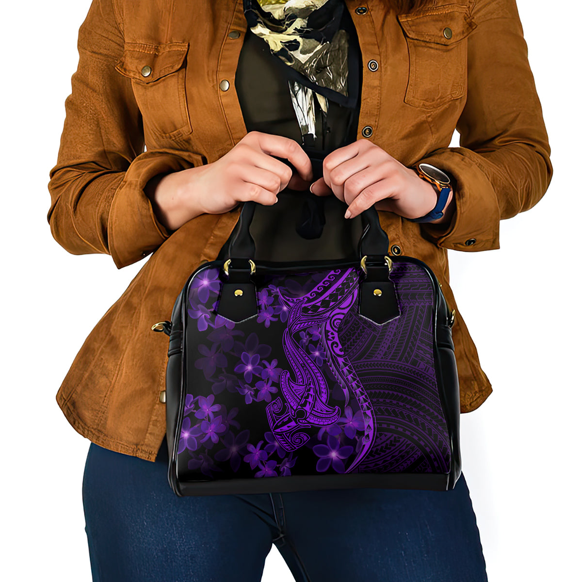 Purple Polynesia Shark Tattoo Shoulder Handbag With Polynesian Plumeria LT14 - Polynesian Pride