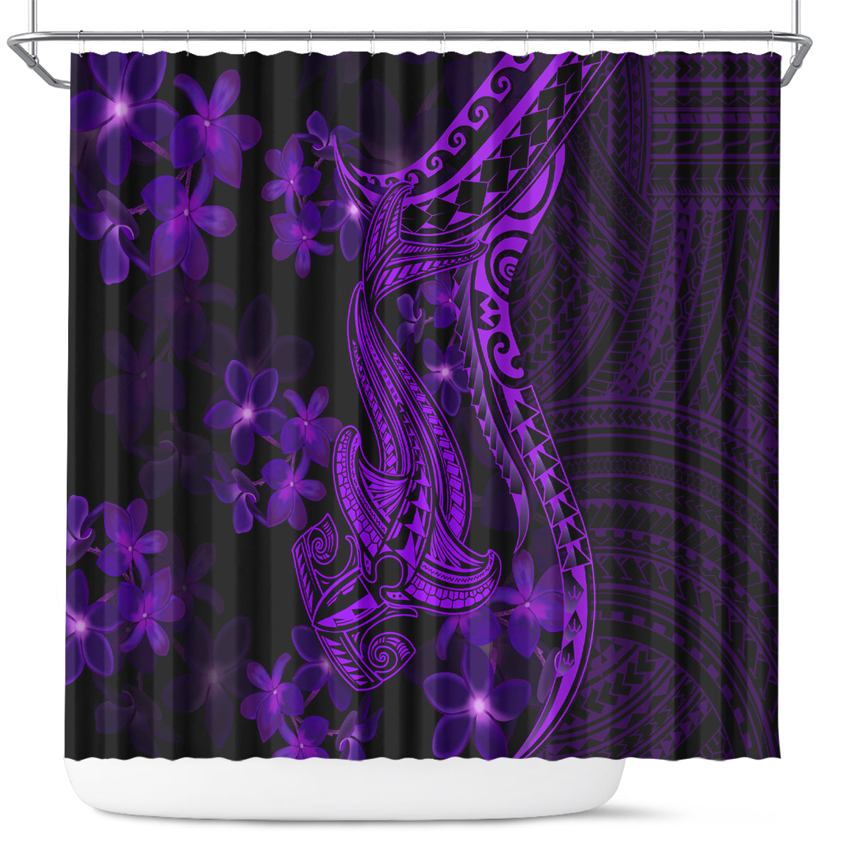 Purple Polynesia Shark Tattoo Shower Curtain With Polynesian Plumeria LT14 Purple - Polynesian Pride