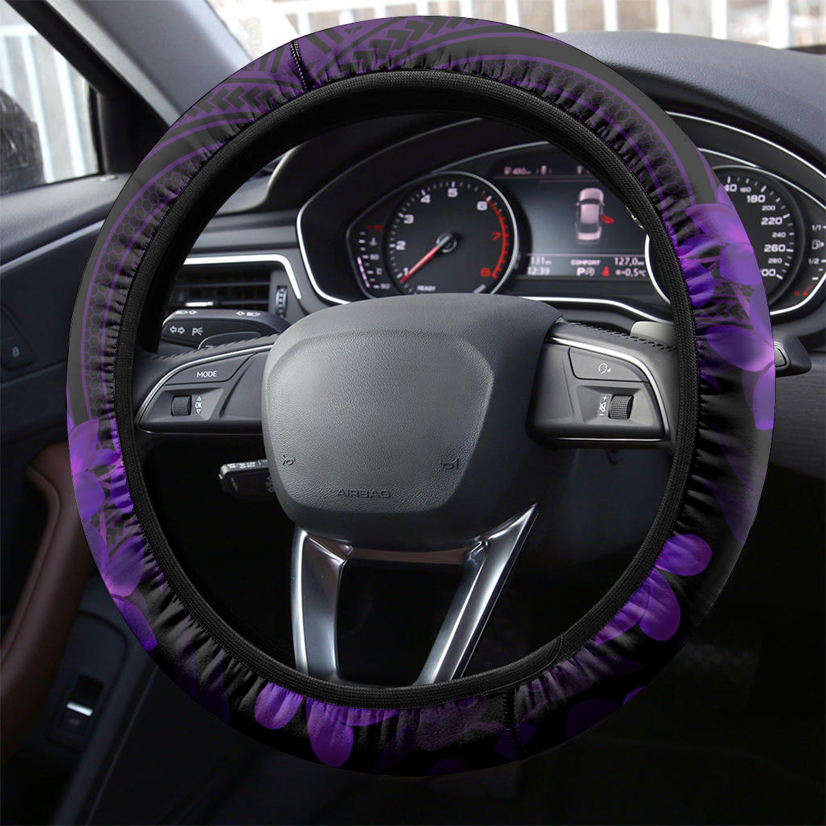 Purple Polynesia Shark Tattoo Steering Wheel Cover With Polynesian Plumeria LT14 - Polynesian Pride
