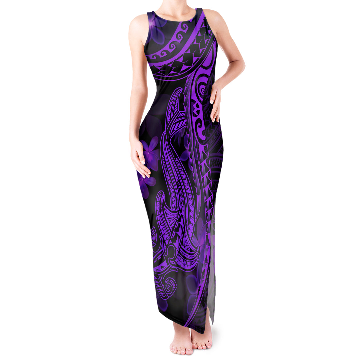 Purple Polynesia Shark Tattoo Tank Maxi Dress With Polynesian Plumeria LT14 Women Purple - Polynesian Pride