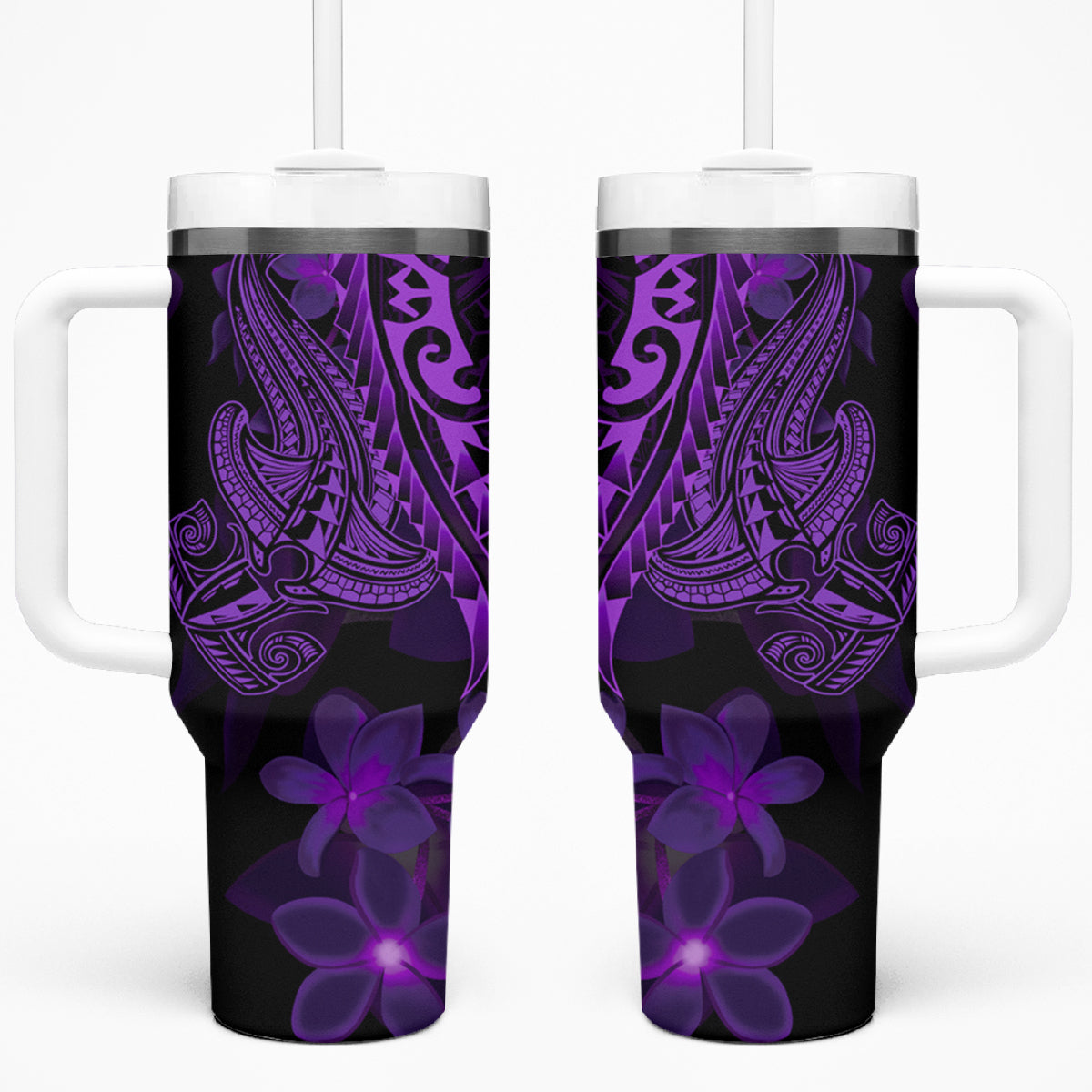 Purple Polynesia Shark Tattoo Tumbler With Handle With Polynesian Plumeria