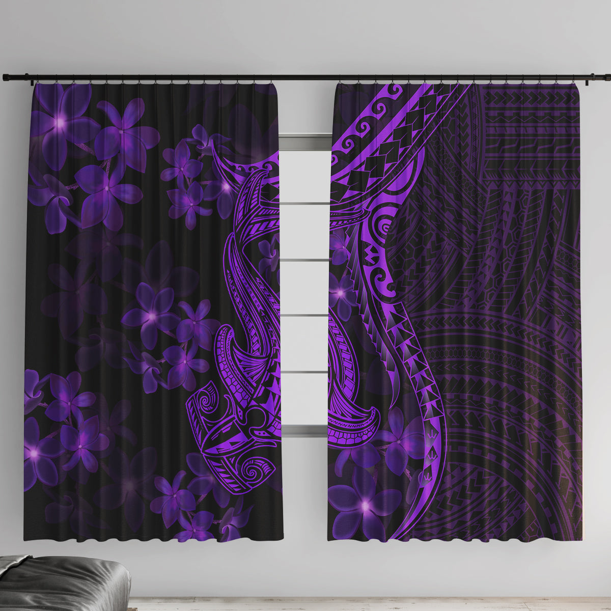 Purple Polynesia Shark Tattoo Window Curtain With Polynesian Plumeria LT14 With Hooks Purple - Polynesian Pride