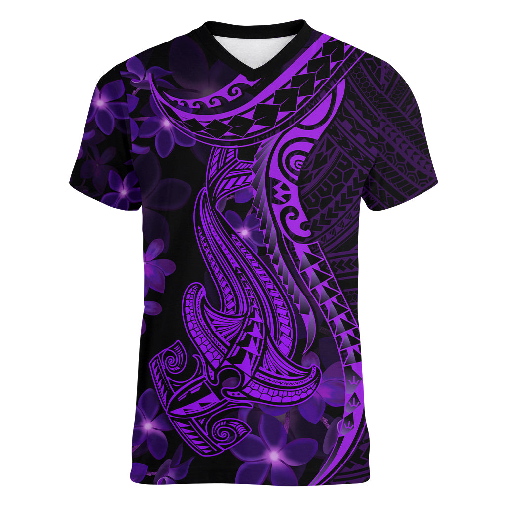 Purple Polynesia Shark Tattoo Women V Neck T Shirt With Polynesian Plumeria LT14 Female Purple - Polynesian Pride