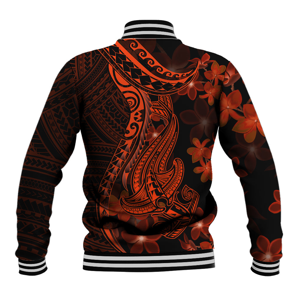 Red Polynesia Baseball Jacket Shark Tattoo With Polynesian Plumeria LT14 - Polynesian Pride