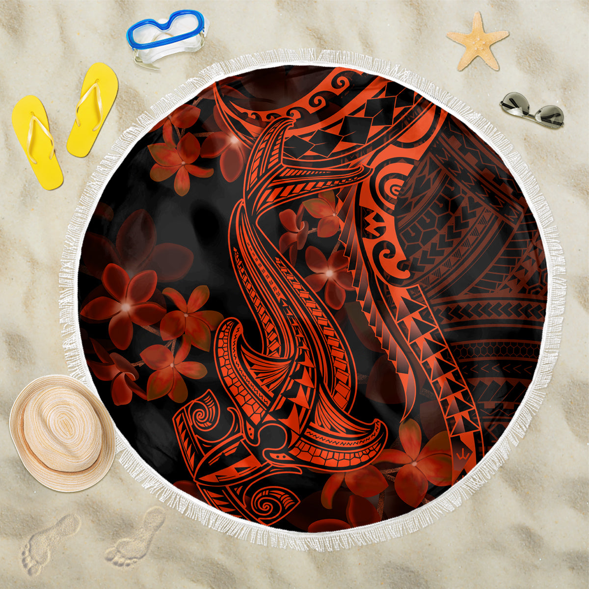 Red Polynesia Beach Blanket Shark Tattoo With Polynesian Plumeria LT14 One Size 150cm Red - Polynesian Pride