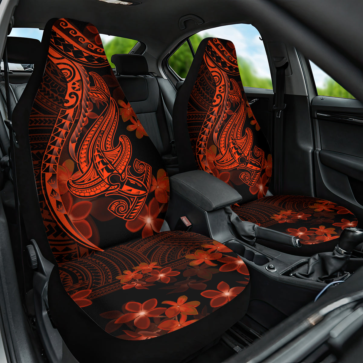 Red Polynesia Car Seat Cover Shark Tattoo With Polynesian Plumeria LT14 One Size Red - Polynesian Pride