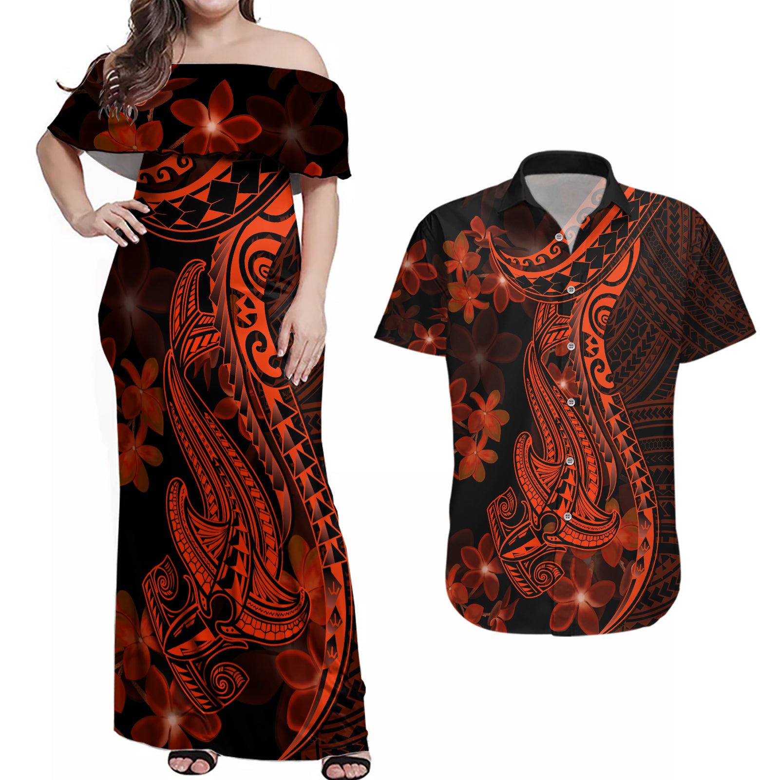 Red Polynesia Couples Matching Off Shoulder Maxi Dress and Hawaiian Shirt Shark Tattoo With Polynesian Plumeria LT14 Red - Polynesian Pride