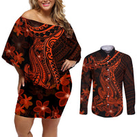 Red Polynesia Couples Matching Off Shoulder Short Dress and Long Sleeve Button Shirt Shark Tattoo With Polynesian Plumeria LT14 Red - Polynesian Pride