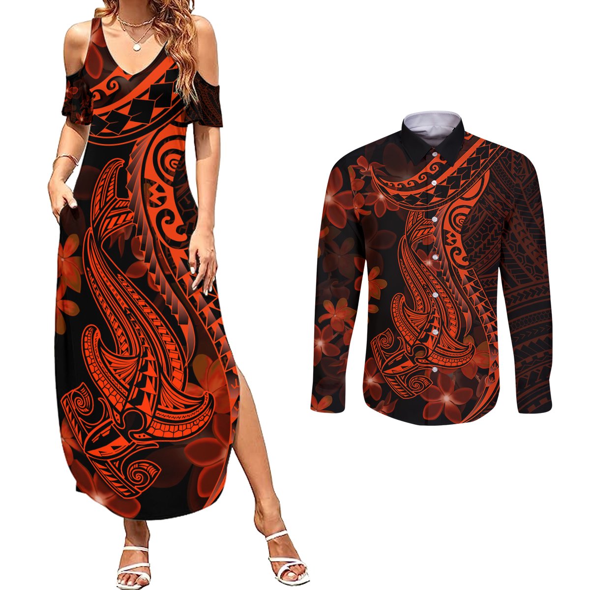 Red Polynesia Couples Matching Summer Maxi Dress and Long Sleeve Button Shirt Shark Tattoo With Polynesian Plumeria LT14 Red - Polynesian Pride
