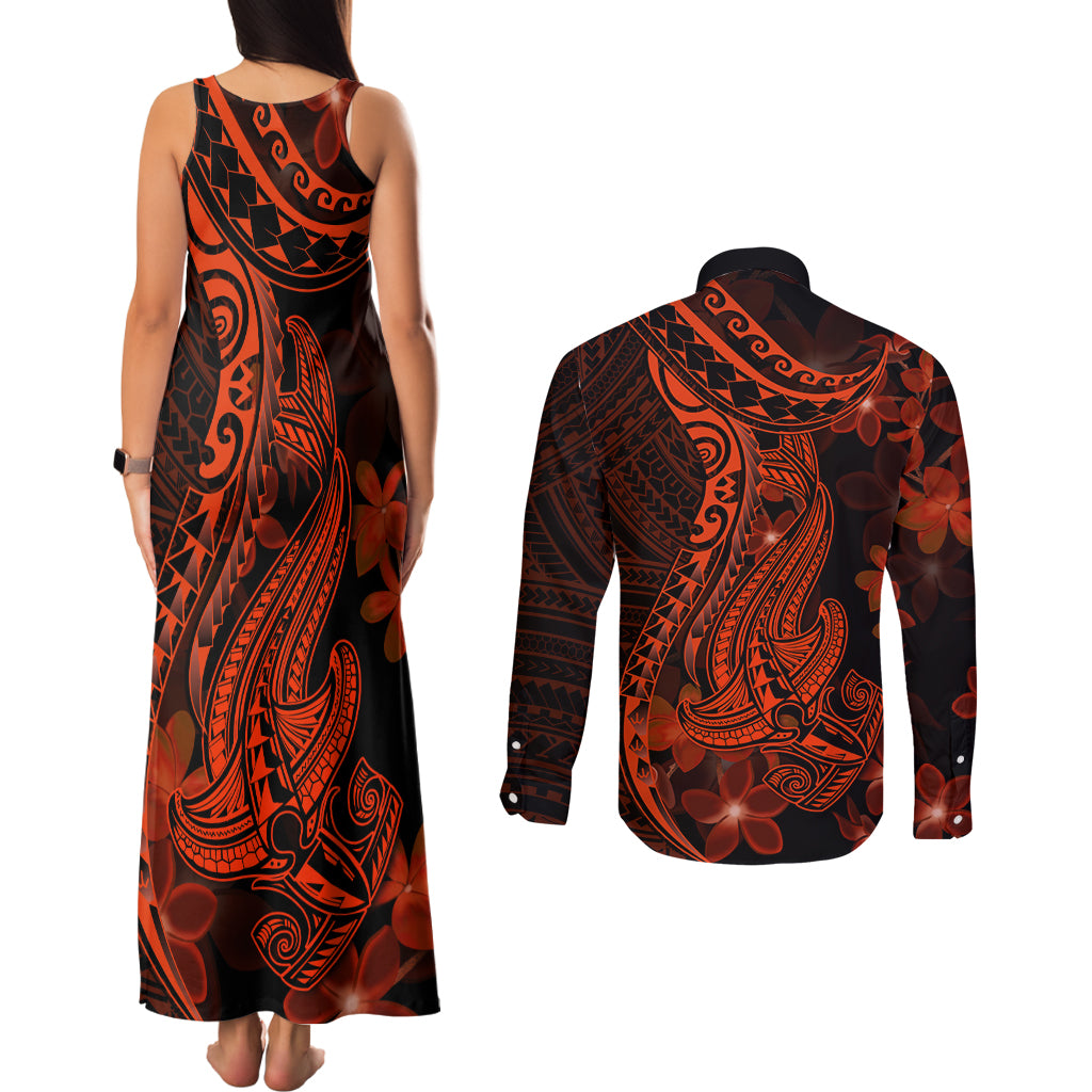 Red Polynesia Couples Matching Tank Maxi Dress and Long Sleeve Button Shirt Shark Tattoo With Polynesian Plumeria LT14 - Polynesian Pride