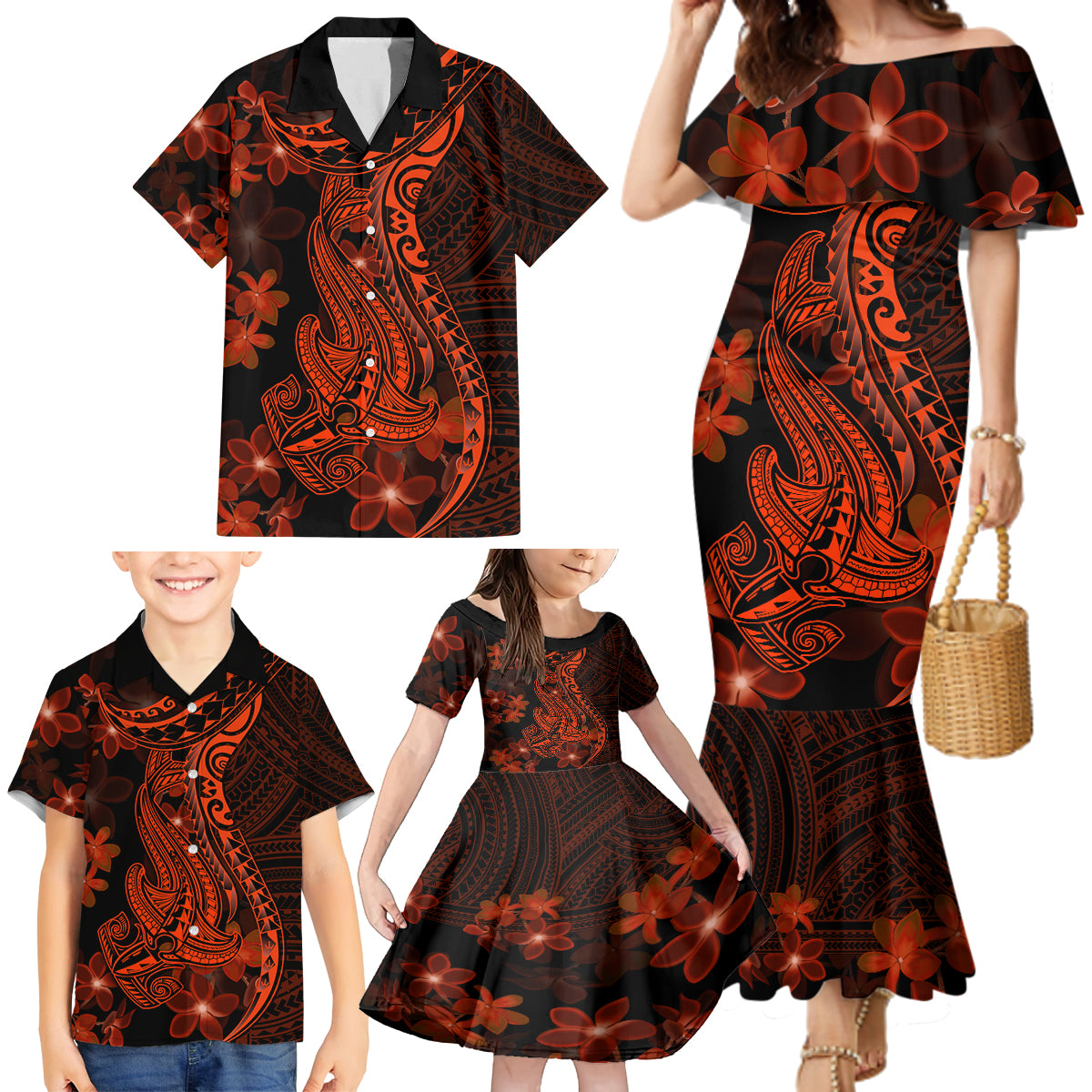 Red Polynesia Family Matching Mermaid Dress and Hawaiian Shirt Shark Tattoo With Polynesian Plumeria LT14 - Polynesian Pride