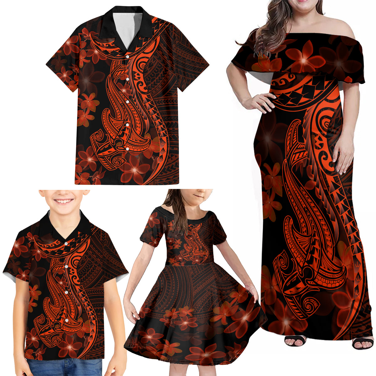 Red Polynesia Family Matching Off Shoulder Maxi Dress and Hawaiian Shirt Shark Tattoo With Polynesian Plumeria LT14 - Polynesian Pride