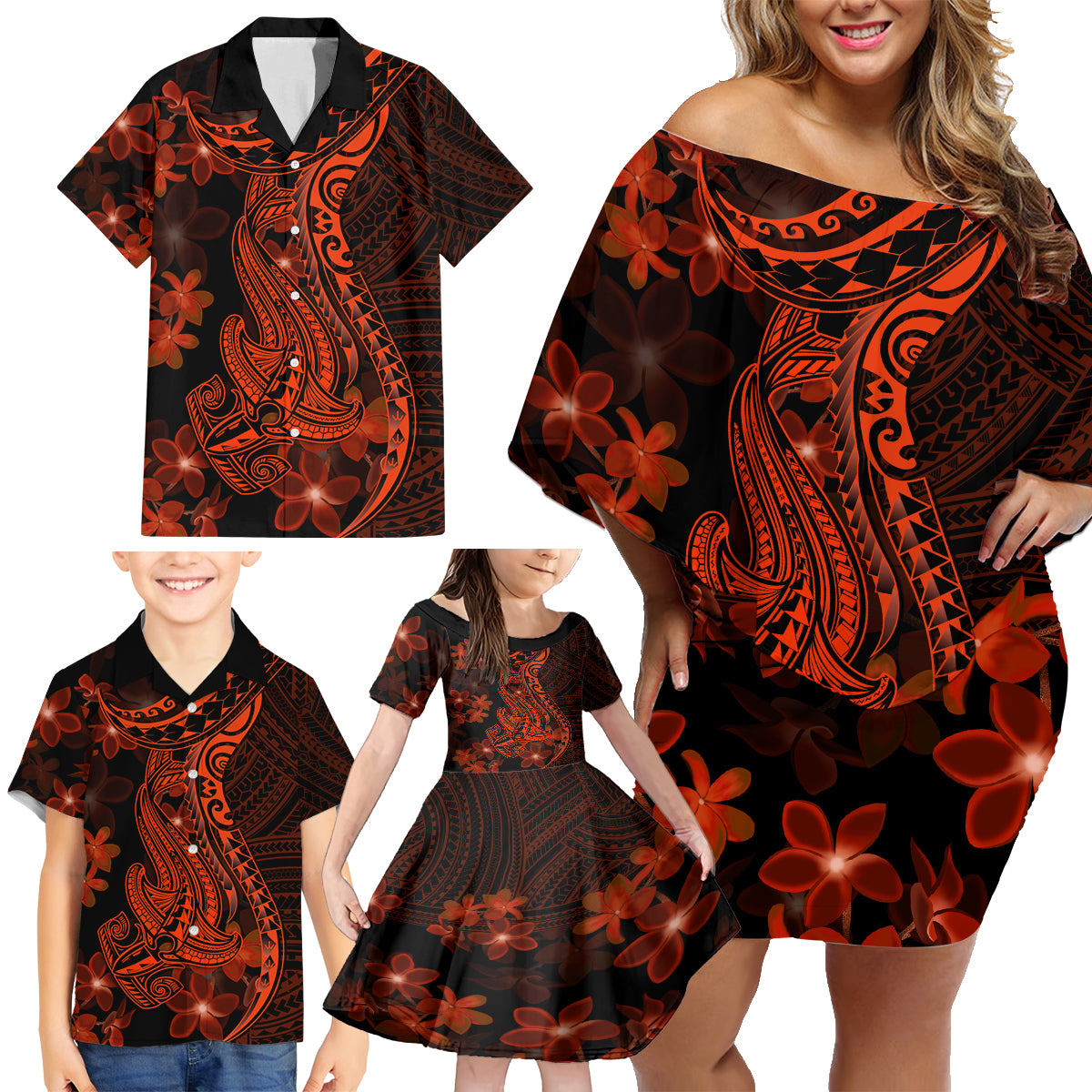 Red Polynesia Family Matching Off Shoulder Short Dress and Hawaiian Shirt Shark Tattoo With Polynesian Plumeria LT14 - Polynesian Pride