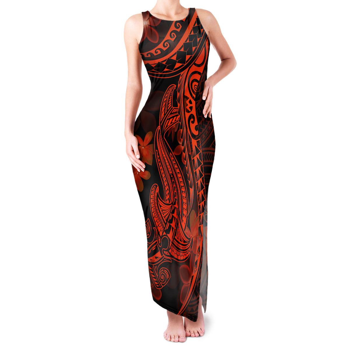 Red Polynesia Family Matching Tank Maxi Dress and Hawaiian Shirt Shark Tattoo With Polynesian Plumeria LT14 Mom's Dress Red - Polynesian Pride