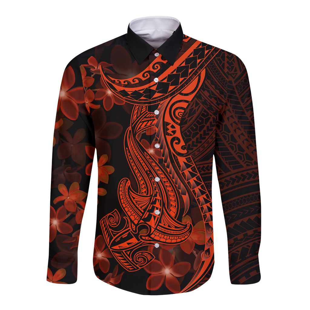 Red Polynesia Long Sleeve Button Shirt Shark Tattoo With Polynesian Plumeria LT14 Unisex Red - Polynesian Pride